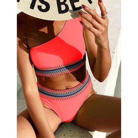 Shein High Waist Coral Orange Tribal Waist Cheeky Swim Bottom MEDIUM Beach - Picture 2 of 9